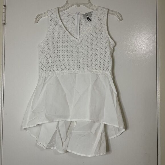 Anthropologie HD in Paris Eyelet Hi Low sleeveless cotton Blouse White Size XS - Picture 1 of 8